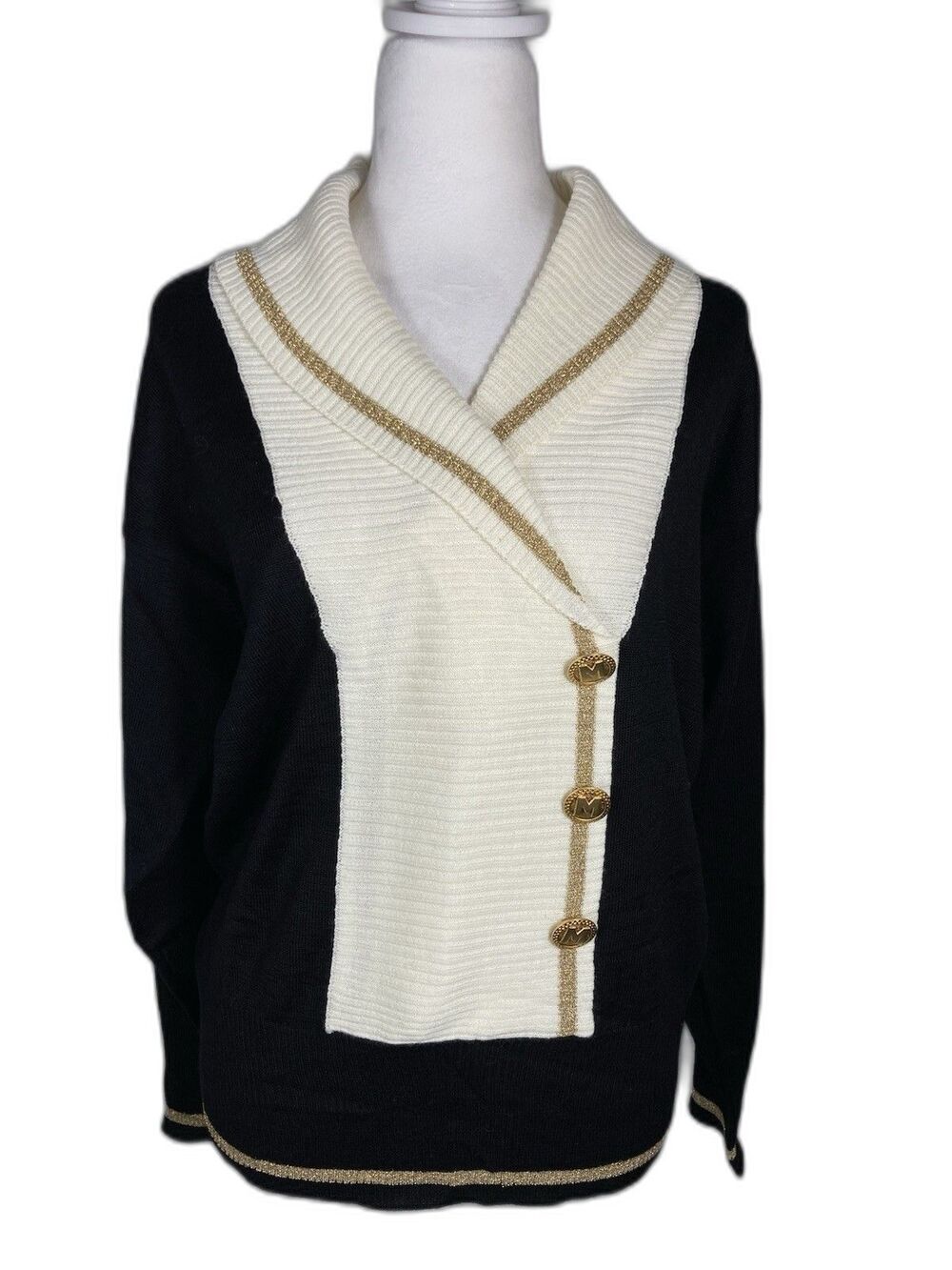 Bob Mackie Wearable Art Sweater Womens S Black Cream Gold Pullover Artsy Glam
